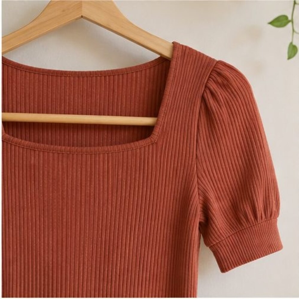 Terracotta Ribbed Square Neck Top - Picture 4 of 6